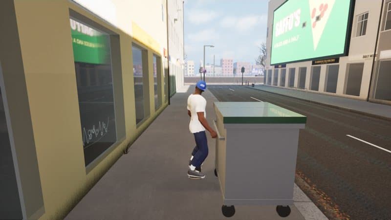 In the game: a photo-mode frame of the rider on a pavement by a billboard